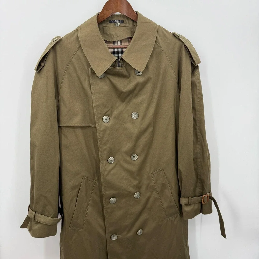 Vintage Olive Green Trench Coat Plaid Lined Sz Mens 42 L Heritage Prep Military